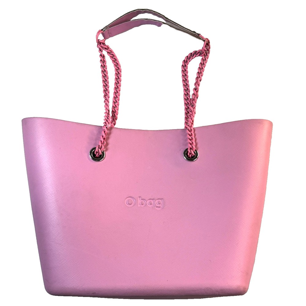 O Bag Pink Rubber Tote Handbag Chain Handles Zip Interchangeable Liner Handle